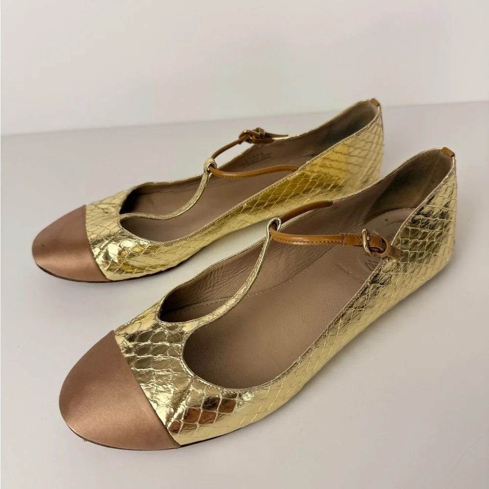 J.Crew Metallic Gold Snakeskin‎ Leather Flats Tan Cap Toe T Strap Sz 7